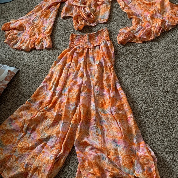 orange pink and gold flowy boho hippie 2 piece set - Picture 2 of 5